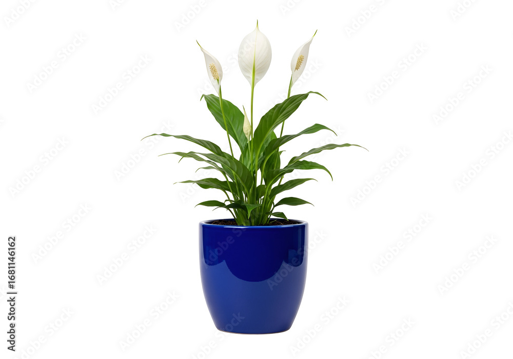 Obraz premium A peaceful peace lily plant, elegant and serene, in a glossy blue pot, stands against a black backdrop.