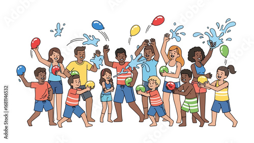 Water Balloon Fiesta: A lively illustrated scene of a diverse group joyfully engaging in a water balloon fight, capturing the spirited essence of summer fun and youthful exuberance.