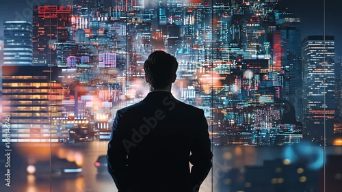 Wallpaper Mural Businessman looking at a night city view with overlaid data projections. Torontodigital.ca