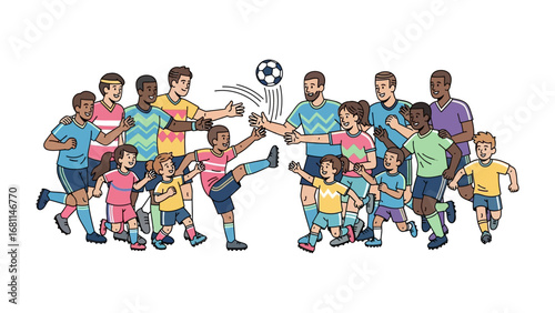 Soccer Team Playful Interaction: A vibrant illustration captures the exhilarating moment of a soccer game, with a youthful team engaging in dynamic interaction with a ball. A blend of action and joy.
