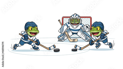 Frog Hockey Match: A fun illustration of frog hockey players, featuring two players with their hockey sticks ready to take on the puck, and their goalie stands guard at the ready.
