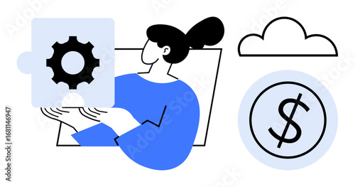 Woman holding a gear puzzle piece, symbolizing problem-solving and optimization accompanied by a cloud and dollar sign for innovation, technology, finance, and monetization. Ideal for strategy
