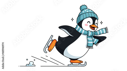 Penguin on Ice: a cheerful penguin confidently glides on ice, embracing the chill of winter, joyfully skating and creating an image of fun!