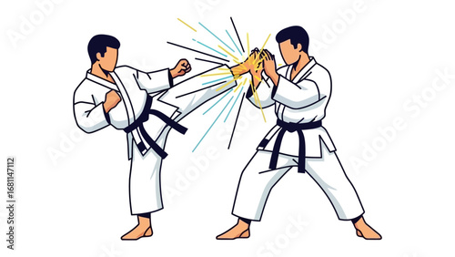 Karate Clash: Dynamic illustration of two karate practitioners engaged in a powerful training session, showcasing precise movements and the intensity of martial arts.