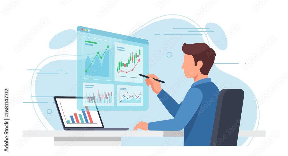Fototapeta premium Male professional using an interactive holographic interface to analyze business intelligence data and market growth charts