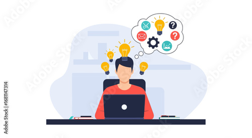 Conceptual illustration of a creative professional brainstorming new innovative ideas and solutions while working on a laptop