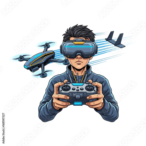 Drone Enthusiast's Virtual Experience: A person immersed in a virtual reality experience, masterfully controlling a drone, capturing the thrill of flight with precision and immersive technology.