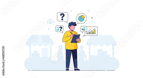 A market researcher analyzes consumer behavior and business data using charts and graphs for strategic insights