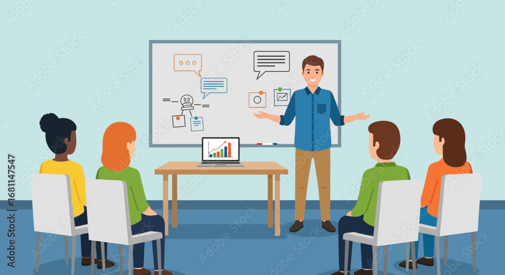 Obraz premium Professional business coach leading a workshop, presenting a project strategy on a whiteboard to a diverse team of colleagues