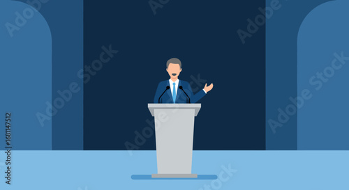 Confident male orator presenting at a business seminar, engaging in effective public communication from a lectern illustration