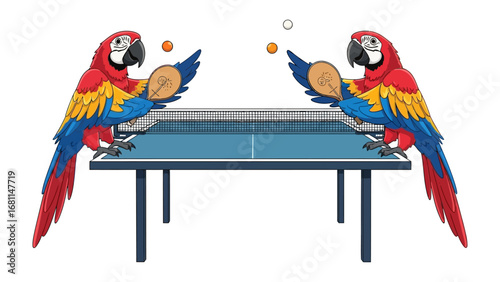 Parrot Ping Pong: Two vibrant parrots engaged in a lively ping pong match, each wielding paddles with skill, showcasing a playful scene of avian sportsmanship.