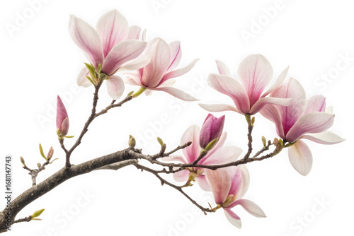 Delicate pink magnolia blossoms bloom on a dark stem in a serene floral arrangement transparent background