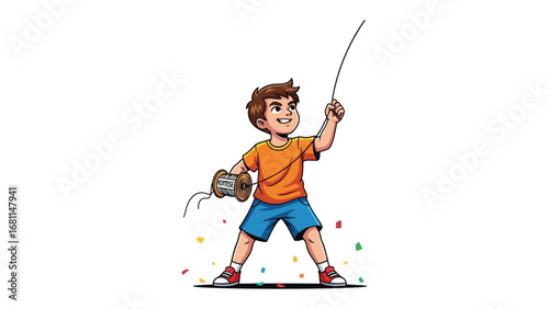 Boy's Kite Adventure: A spirited young boy with a spool of string in hand and eyes fixed on the sky, joyfully sets out on a kite-flying journey.