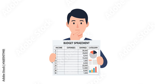 Man contemplating a budget spreadsheet showing income expenses and savings