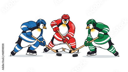 Hockey Penguins in Action: Three playful penguin athletes, decked out in team colors, face off with hockey sticks and puck, their eyes fixed on the thrill of the game in a vibrant.