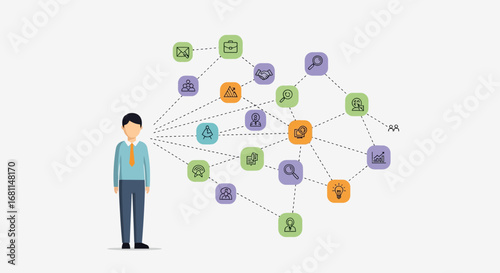 Illustration of a person connected to a network of ideas and concepts, brainstorming