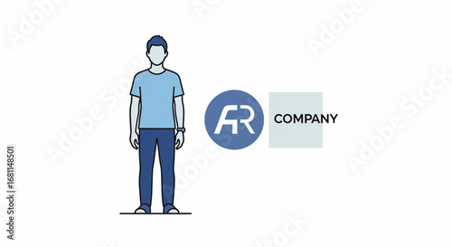 Conceptual illustration of a male employee representing a corporate brand. A simple character standing next to a generic company logo on a white background