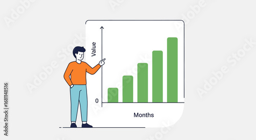 An animated character illustrates consistent business development and impressive performance growth using an upward trending bar chart, symbolizing success and progress over time