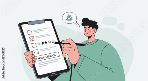 Illustrated man completing a digital feedback form, providing valuable input for customer satisfaction surveys, improving user experience and service quality assessment