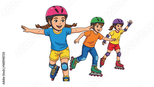 Joyful Skateboarding Trio: A vibrant illustration capturing three children gliding joyfully on skateboards, embodying carefree youth and the thrill of outdoor adventures.
