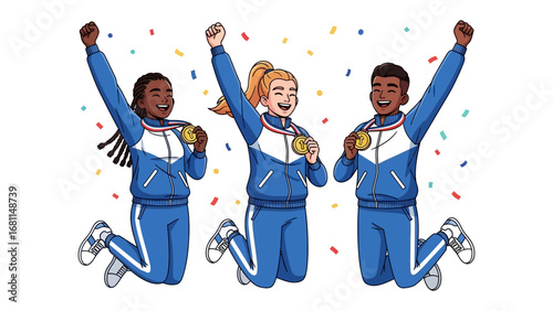 Triumphant Trio: Illustrative representation of three athletes ecstatically celebrating their gold medal victory, capturing a moment of triumph, camaraderie, and hard-earned success.