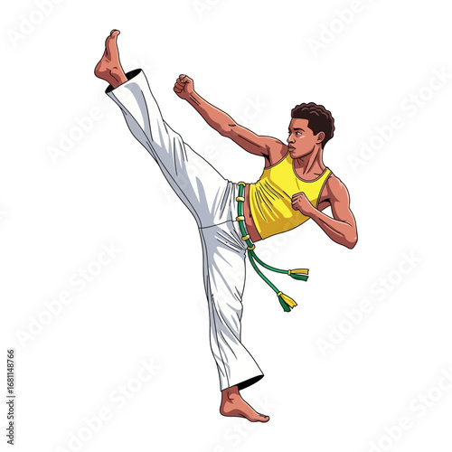 Dynamic Capoeira: An illustration showcases an agile individual executing a capoeira move with powerful kicks and fluid movements.