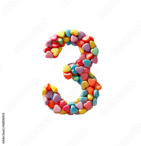 Colorful number three formed from small, heart-shaped candies