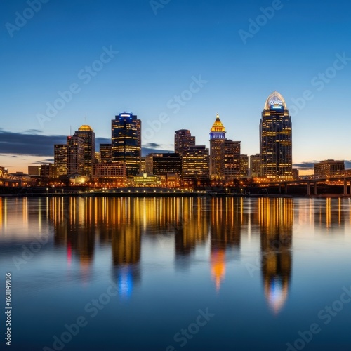 Cincinnati skyline at twilight reflecting on Ohio River tranquil scene
