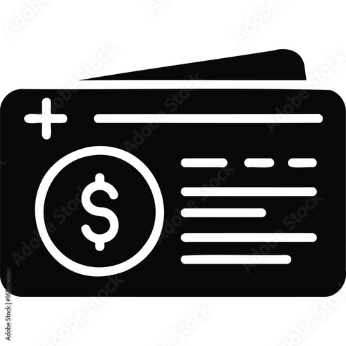 A stylized black and white icon depicting a credit card with a dollar sign and plus symbol on the left side silhouette