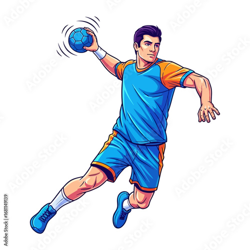 Handball Action: Dynamic cartoon illustration of a handball player mid-throw, filled with energy and motion. Highlighting the vigor of the game.