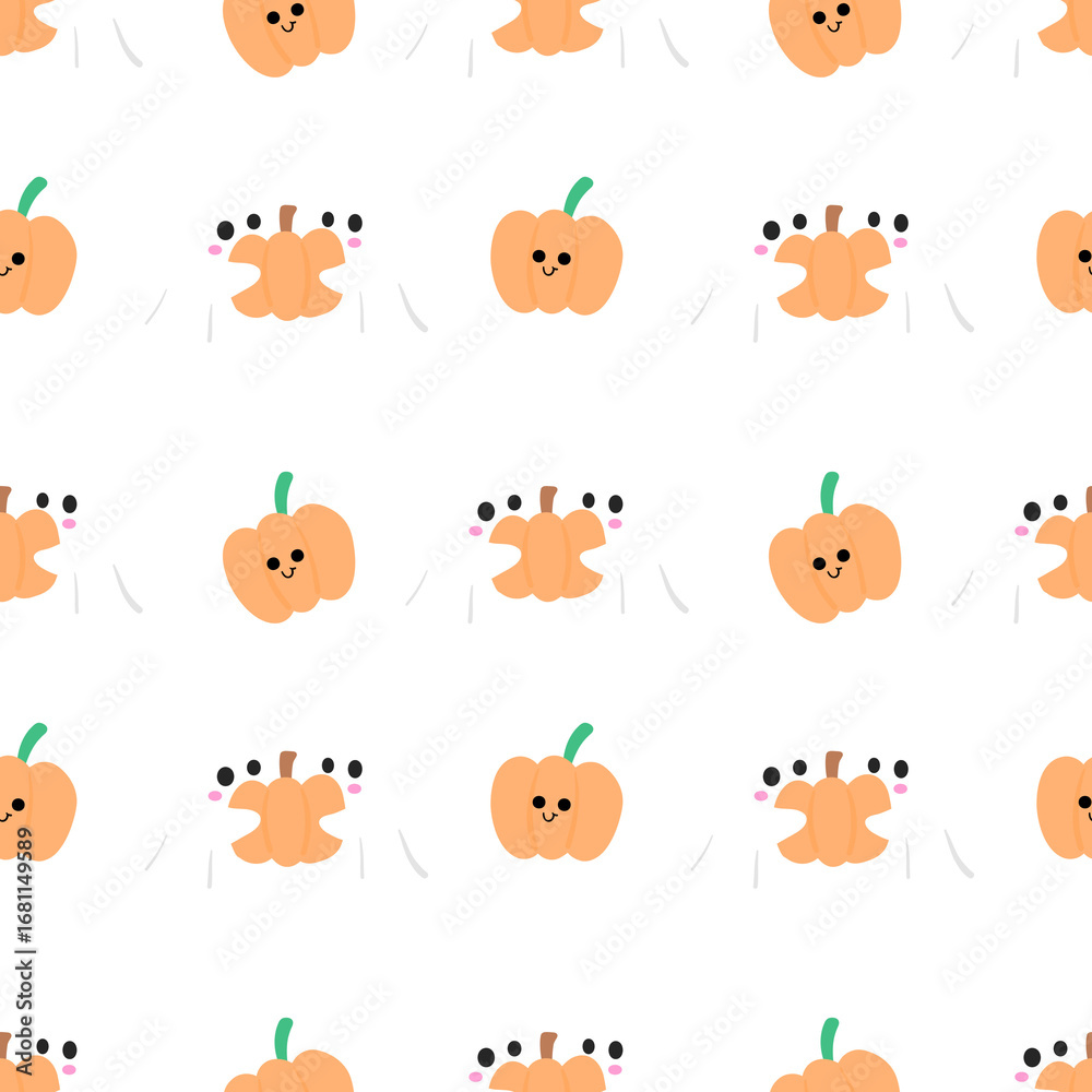 Naklejka premium Seamless Pattern with Ghosts, Pumpkins, and Cats