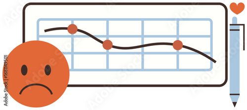 Sad face and downward-sloping graph with pen and heart detail suggest analysis of failure, loss, or negative outcome. Ideal for finance, performance, mental health, analytics, recession, education