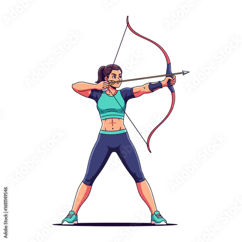 Bullseye Focus: A determined archer, locked in concentration, demonstrates the art of archery. Every element - the drawn bow, the poised stance, the intense gaze - speaks of skill, discipline.