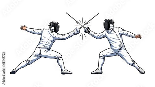 Dynamic Duel: A captivating cartoon scene of two fencers locked in an intense combat, their swords colliding with a brilliant spark against a crisp backdrop.