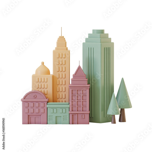 Charming pastel colored cityscape architecture with unique building designs and textures