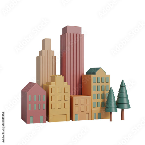 Charming miniature cityscape with pastel buildings and green trees captured in studio lighting