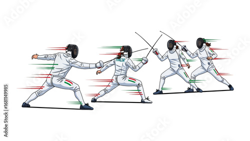 Dynamic Fencing Duel: Two pairs of determined competitors engage in a swift and skillful fencing match, blades clashing, showcasing the grace and intensity of the sport.