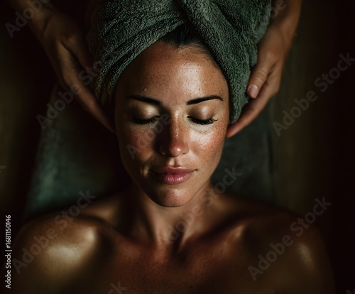 Health and Wellness, A young woman enjoying a relaxing SPA treatment.