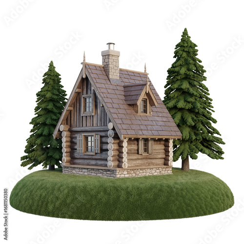 Charming log cabin nestled amidst evergreen trees on a lush green hilltop