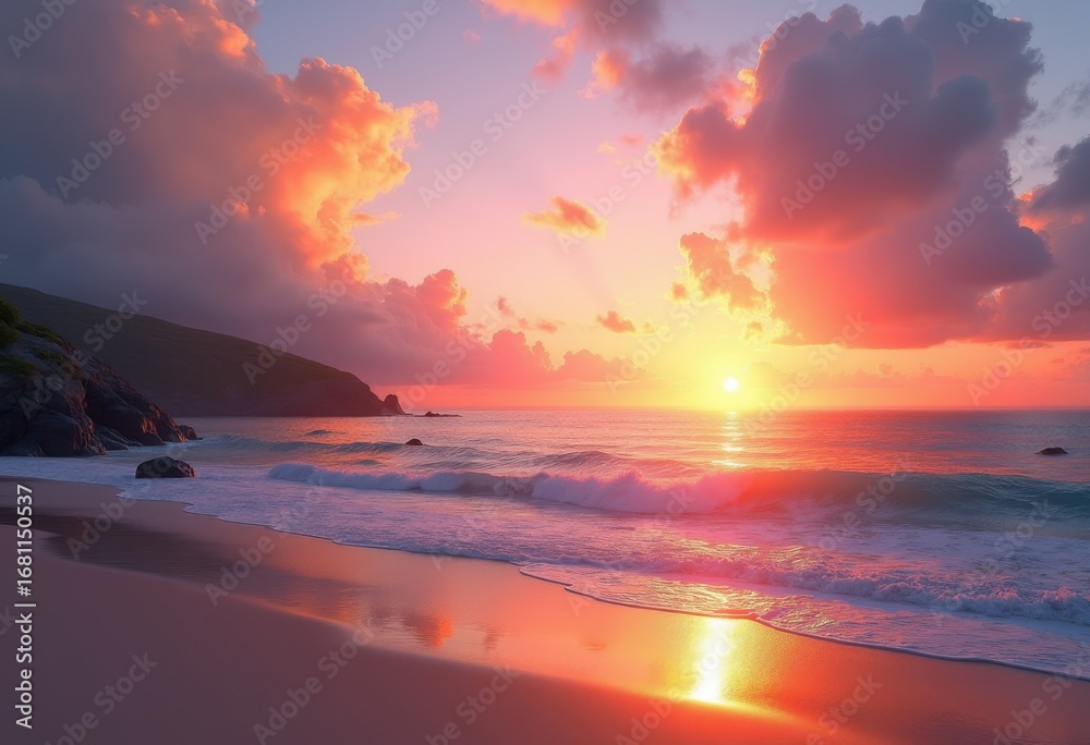 Fototapeta premium stunning coastal scenery vibrant sunset colors serene beach waves reflections scenic horizon nature, sky, water, shore, clouds, pink, orange, yellow, blue, sea