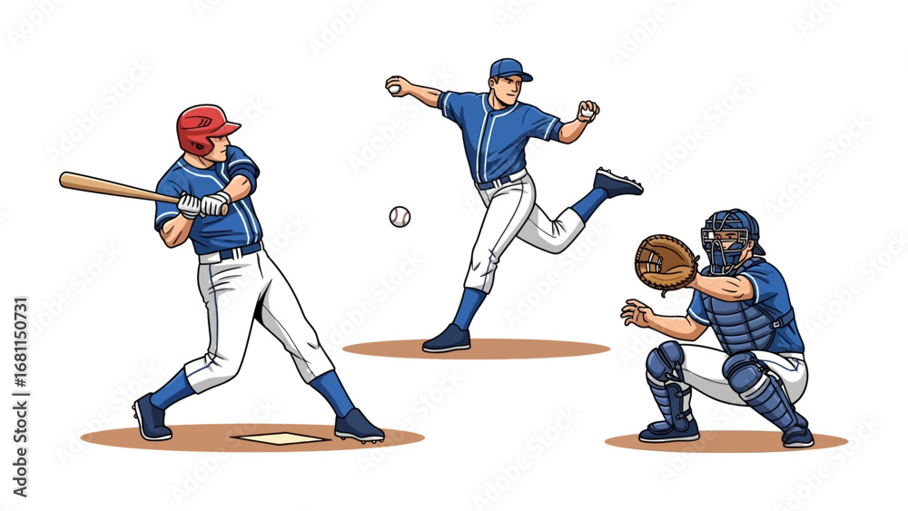 Obraz premium Baseball Action: A vibrant cartoon illustration capturing the dynamic moments of a baseball game, featuring a batter swinging, a pitcher throwing, and a catcher ready to receive. 