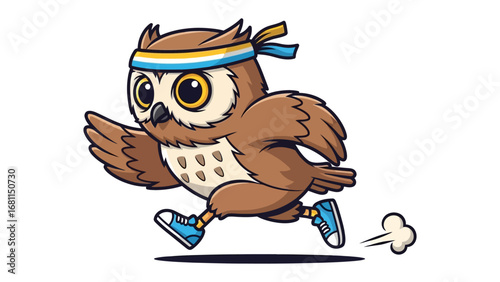 Speedy Owl on the Run: A dynamic cartoon illustration of a speedy owl fully engaged in running action. Dressed in active wear and with focused gaze, it exemplifies the spirit of fitness and swiftness.