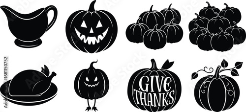 Vector art of thanksgiving and halloween symbols featuring gravy boat, pumpkins, turkey, and give thanks