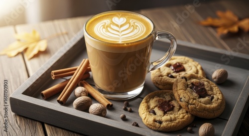 Cozy Autumn Coffee Break with Latte Art, Chocolate Chip Cookies, Cinnamon Sticks, and Whole Nutmegs on a Rustic Wooden Tray