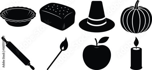 Vector art of black and white thanksgiving clip art featuring a variety of food and cooking related symbols