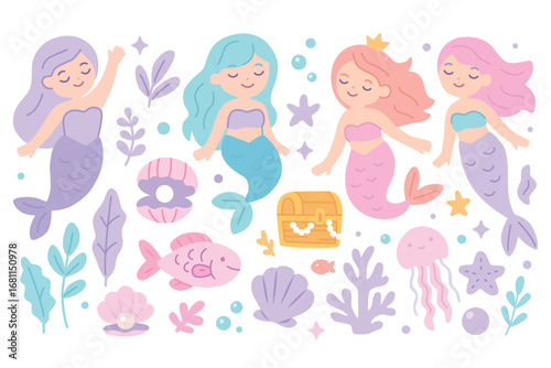 Hand drawn cute mermaid stickers with underwater elements, pastel colors, treasure chest, fish, shells, coral, sea plants. Simple flat vector illustration on white background. Ocean fantasy collection