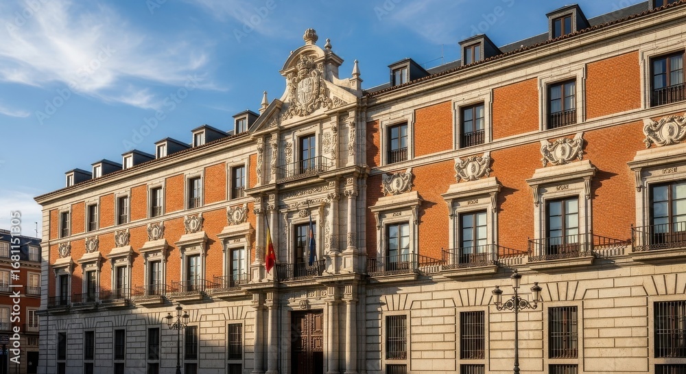 Fototapeta premium Historic Council Building in Madrid Under a Serene Sky with Subtle Clouds