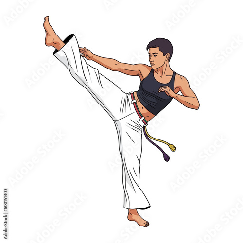 Dynamic Capoeira Kick: A focused Capoeira artist executes a powerful high kick, showcasing agility and grace in a moment of dynamic martial arts performance.