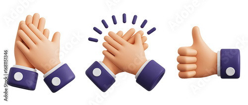 3d illustration of clapping hands and thumbs up gesture, isolated on transparent background