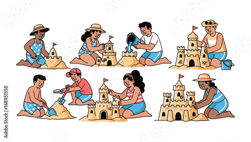 Building Castles on the Sand: A group of diverse children is creating sandcastles on the beach with a touch of summer fun, displaying their teamwork to construct impressive sand structures.